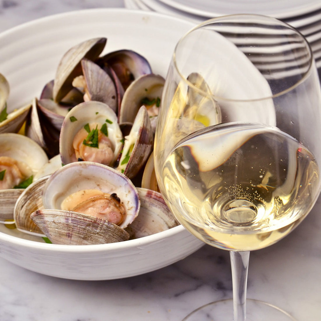 Steamed Clams and Chilled Grillo from Sicilia DOC