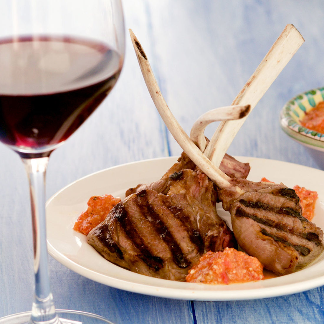 Grilled Lamb Chops Scottadita with Spicy Sicilian Almond Red Pepper Sauce